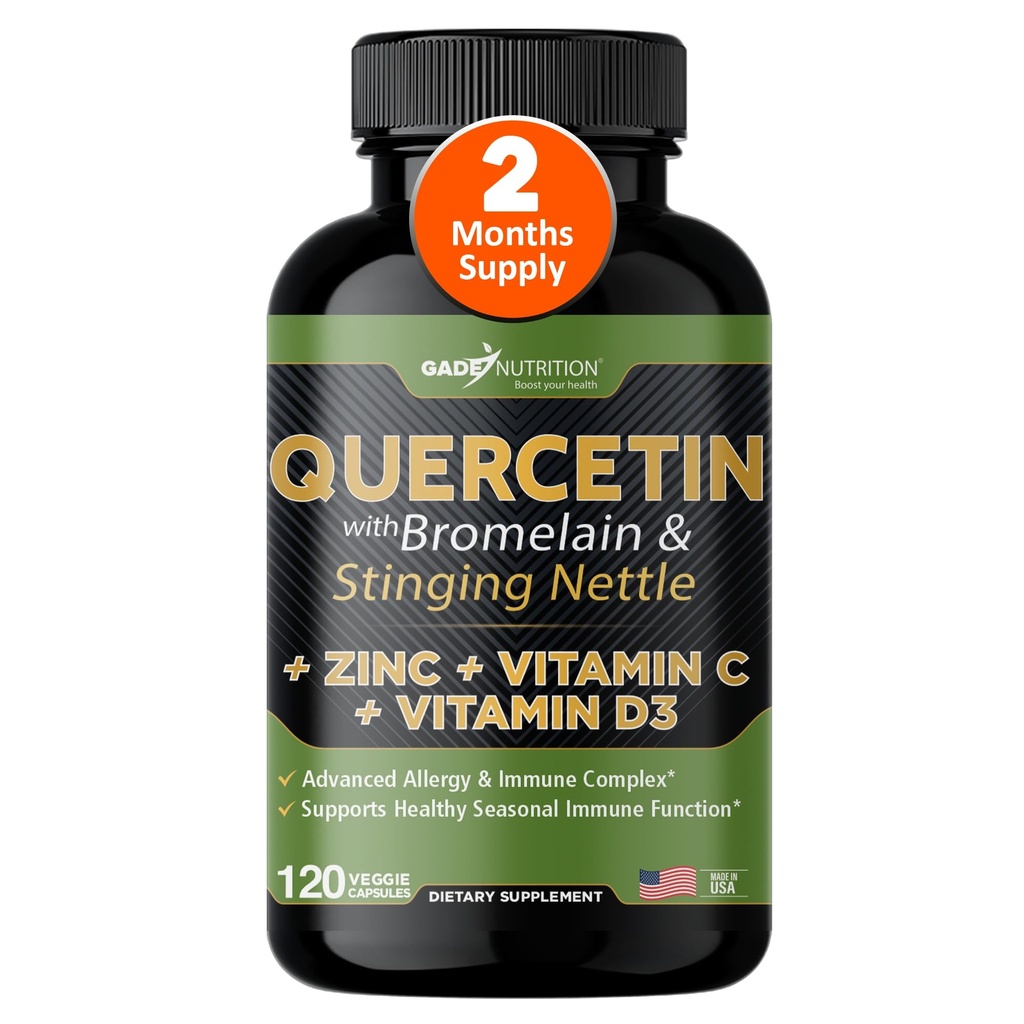 Quercetin avec vitamine C et zinc - Nettle Quercetin - Quercetin 500mg - Quercetin avec bromelain - Zinc Quercetin + vitamine D3 - 120 capsules de légumes - (non-OGM, sans gluten, végétalien) - 2 mois