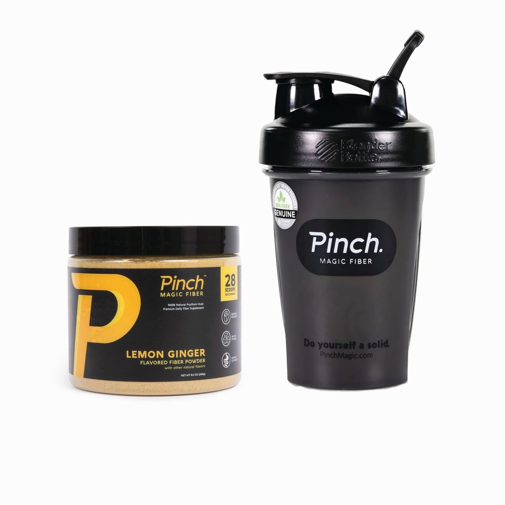 Pinch Magic Fiber & Shaker Combo | Prebiotic Psyllium Husk Fiber for Digestive Health, Keto, Vegan, Low Sugar | BPA-Free Shaker für glatte Mischung, Travel-Friendly, Spülmaschine Safe | 28-Day Supply