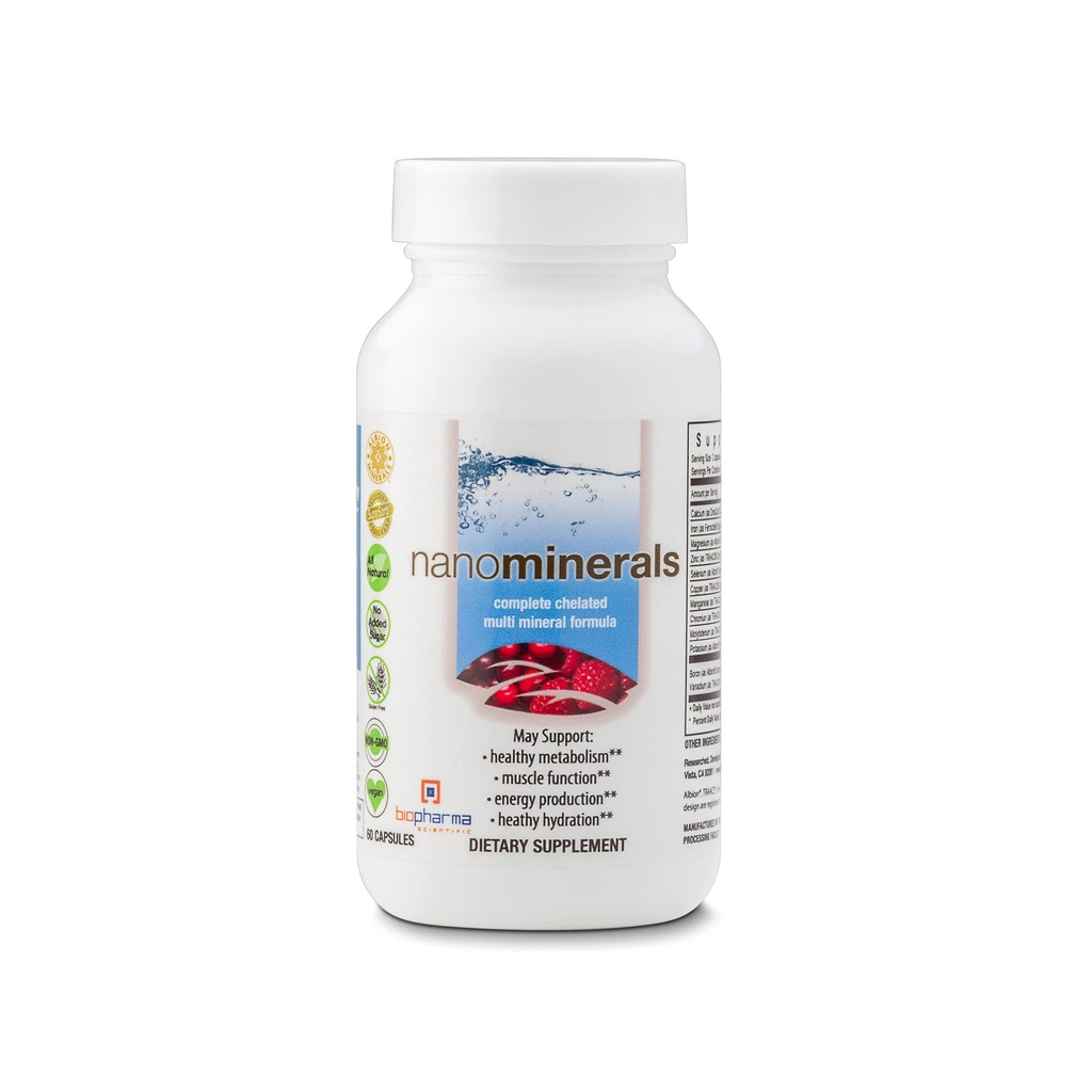 Biopharma Scientific NanoMinerals , Capsules Chélées Multi-Minerales , Calcium, Magnésium, Zinc, Fer, Potassium, Cuivre, Chrome & Plus , 30 portions