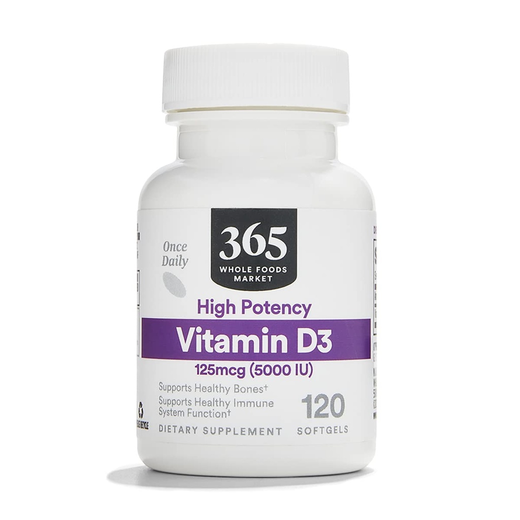 365 par Marché des aliments entiers, Vitamine D3 Softgels, 5000 UI, 120 CT