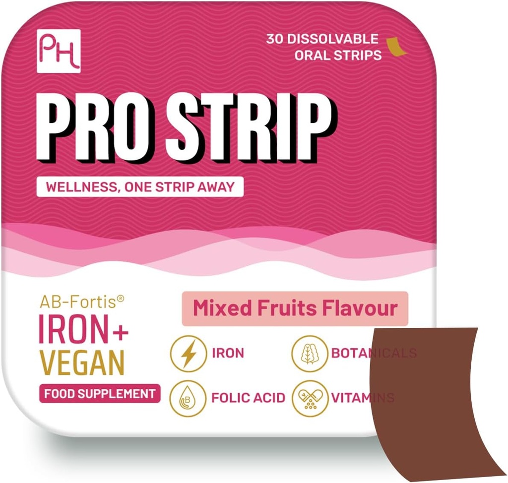 PROSTRIP® Iron+ AB-Fortis® 14mg Hinzugefügt mit Vitamin C, B1, B2, B6, Folsäure, Beetroot, Spinat und Tart Cherry – 30 Oral Vegan Strips – kein Wasser benötigt – Hohe Absorption durch Prowise Healthcare