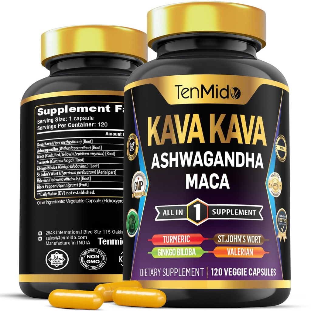 Kava Kava Root Supplement - 8in1 Formel - Kombinieren Sie mit Ashwagandha, Maca, Turmeric, Ginkgo Biloba, St. John's Wort, Valerian & Black Pepper - 120 Vegan Kapseln, 4 Monate Versorgung