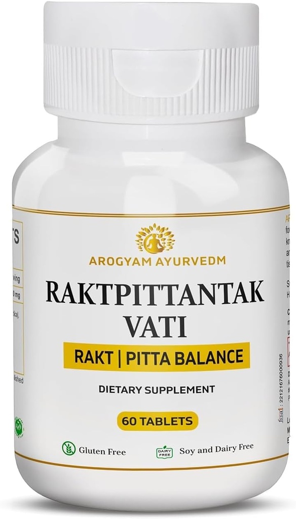 Dr. Pushp's AROGYAM AYURVEDM RAKATPITTANTAK VATI pour Pitta Balance, purificateur de sang- Pack de 60 comprimés