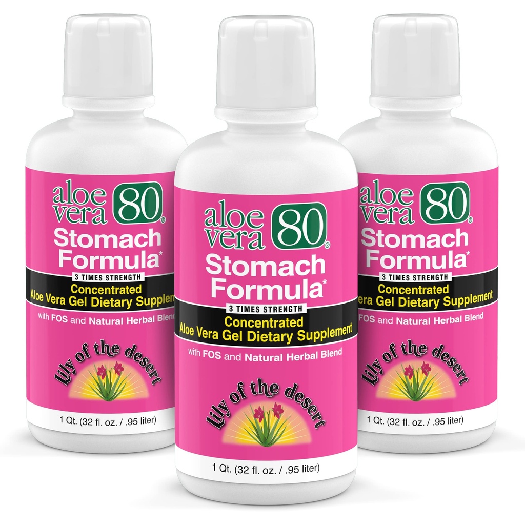 Lily Of The Desert Stomach Formula, Aloe Vera 80 Gel - Jus d'Aloe Vera concentré avec Elm Slippery, Camomile, Peppermint et Ginger pour la santé Gut, Heartburn, Acid Reflux, 32 Oz (paquet de 3)
