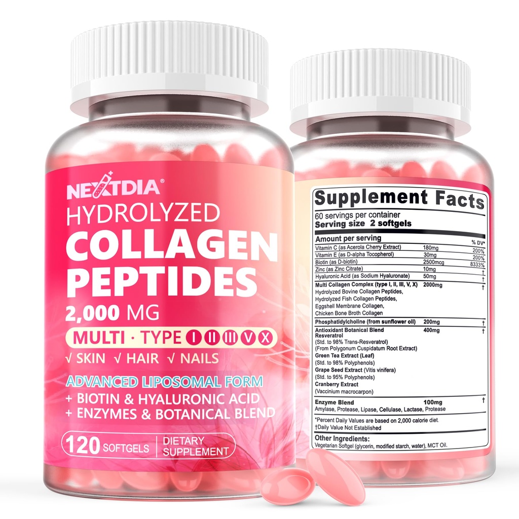 2 Pack Liposomal Collagen Peptide Pillen für Frauen 2000mg, Multi hydrolysierte Collagen Typ I, II, III, V, X mit 2500mcg Biotin - Collagen Supplements Softgele mit Haar, Haut & Nails Vitamine, 240 Cts