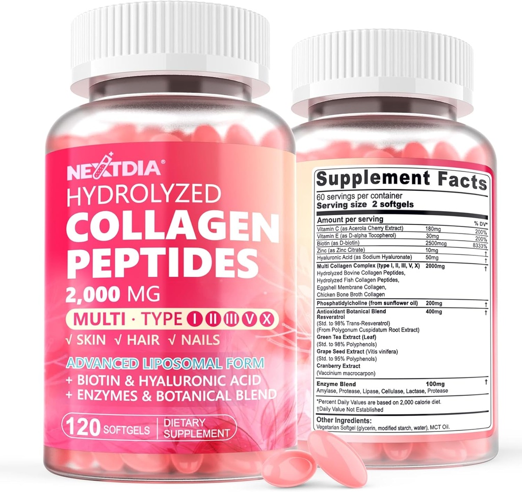 2 Pack Liposomal Collagen Peptide Pillen für Frauen 2000mg, Multi hydrolysierte Collagen Typ I, II, III, V, X mit 2500mcg Biotin - Collagen Supplements Softgele mit Haar, Haut & Nails Vitamine, 240 Cts