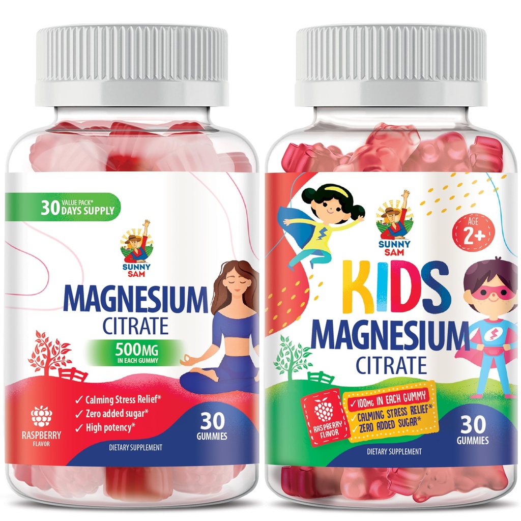 SUNNY SAM Magnesium Gummi für Kinder 100mg und Magnesium Gummi für Erwachsene - 500mg. Kalm Magnesium Kaugummis - Magnesium Citrat Kaubare Ergänzung für Mood & Muskelunterstützung