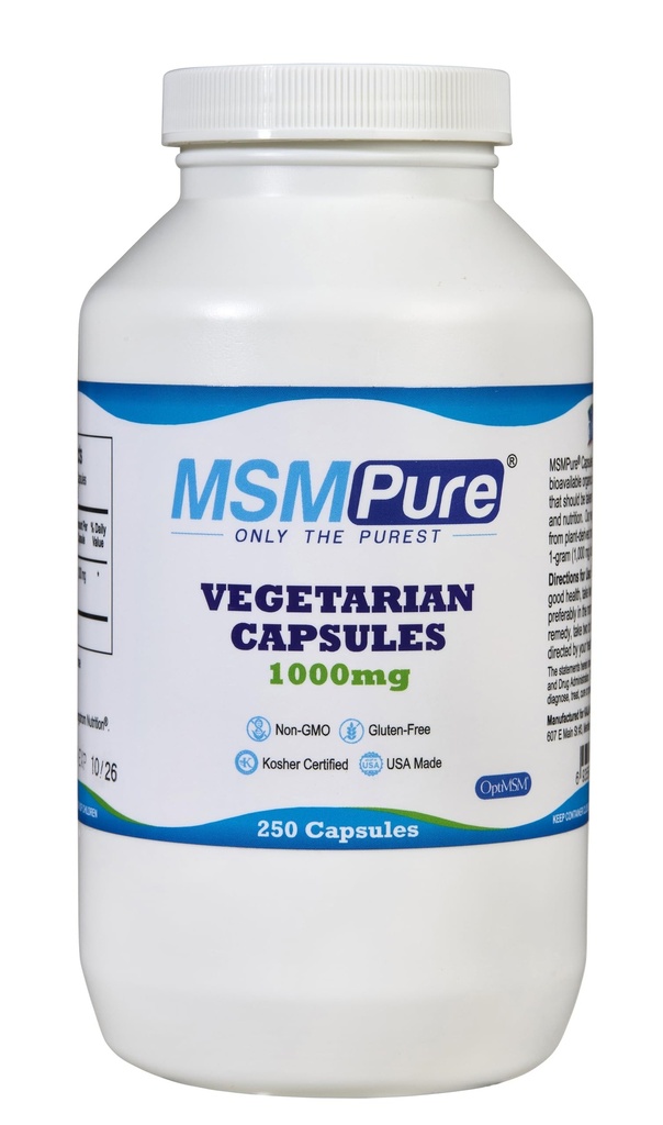 KALA Health MSMPure MSM Capsules végétariennes – 1000 mg US-Fabriqué MSM par gélule pour la santé articulaire, l'apparence cutanée, le soutien des cheveux et des ongles – 250 Compte, soufre organique