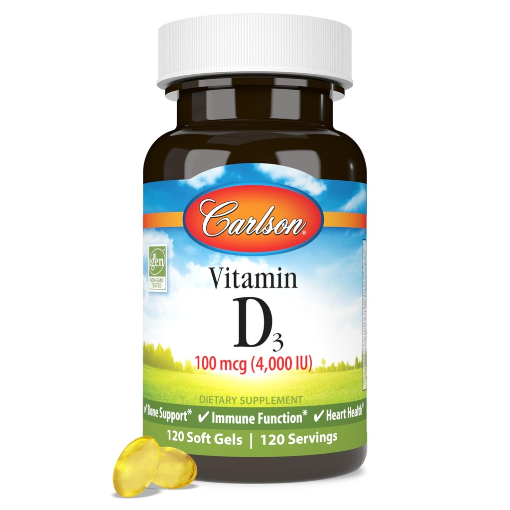 Carlson - Vitamin D3, 4000 IU (100 mcg), Vitamin D Nahrungsergänzungsmittel, Knochen & Immune Gesundheit, Cholecalciferol Supplement, Glutenfreies Vitamin D Kapseln, 120 Softgels