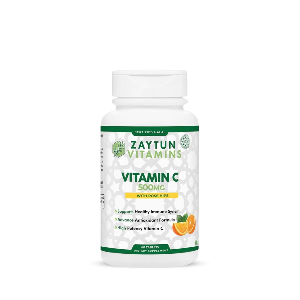 Halal Vitamin C 500mg Tabletten mit Rose HIPS unterstützt Immunsystem, Natürliches Antioxidans mit Citrus Bioflavonoiden - Vegan - Glutenfrei - 2 Monate Versorgung - Halal Vitamine