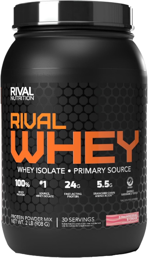 Rivalus Rivalwhey – Creme de fraise 2lb - 100% de protéines de lactosérum, Isolation primaire de protéines de lactosérum, Profil nutritionnel propre, BCAA, Aucune substance interdite, Fabriqué aux États-Unis