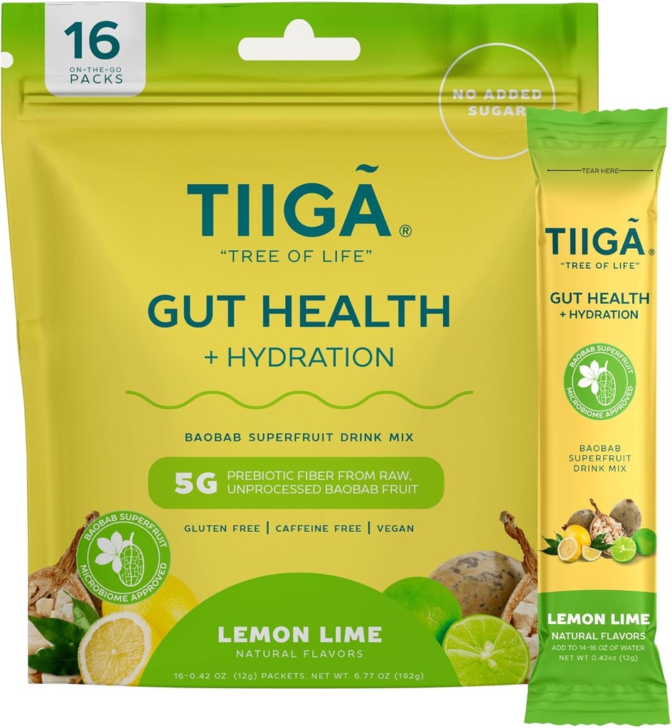 Tiiga Gut Health + Hydration Drink Mix – 7g Baobab, 5g Prebiotic Fiber, Elektrolyte, No Dairy, Vegan, No Added Sugar, Digestion, Regularity, & Constipation – 16 Portionen