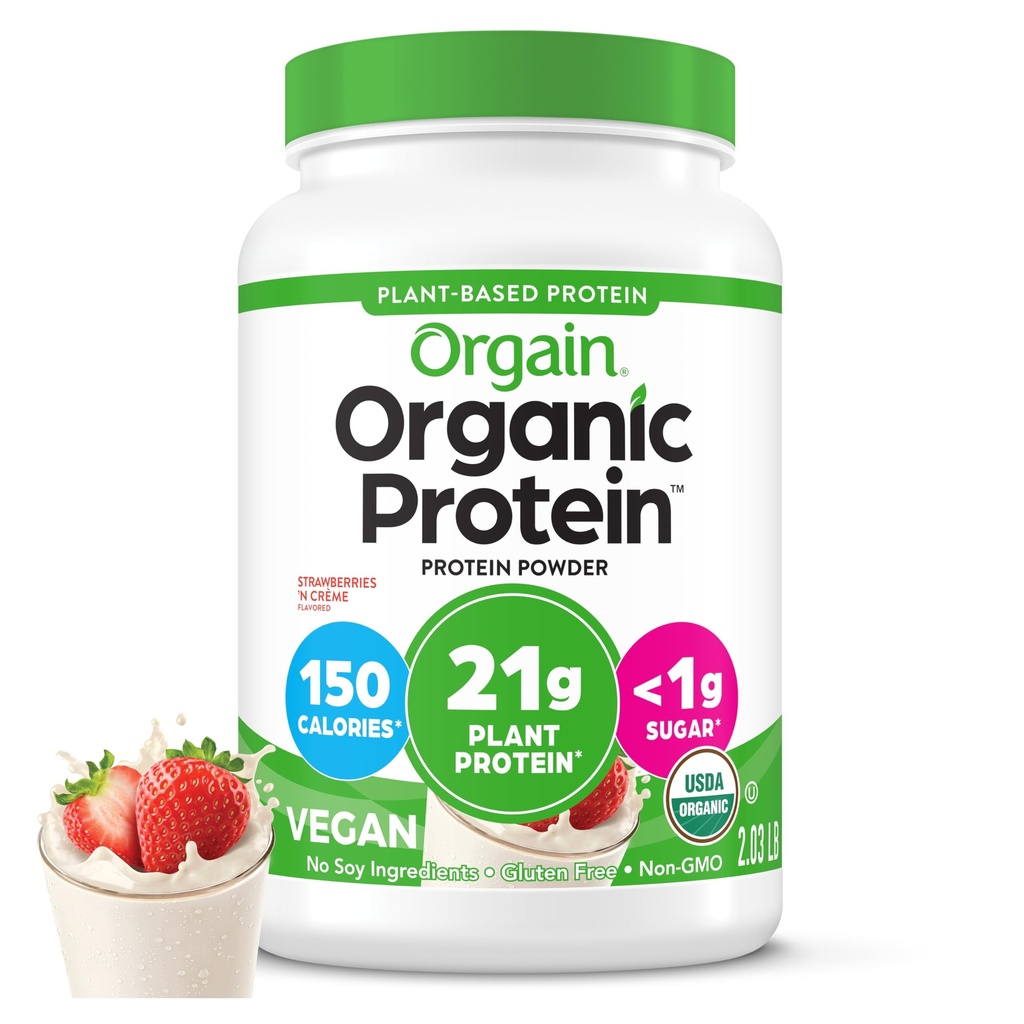 Orgaine en poudre de protéines végétales organiques, fraises et crème - 21g de protéines végétales, faibles glucides nets, sans gluten/lactose, sans sucre ajouté, sans soja, sans OGM, 2,03 Lb