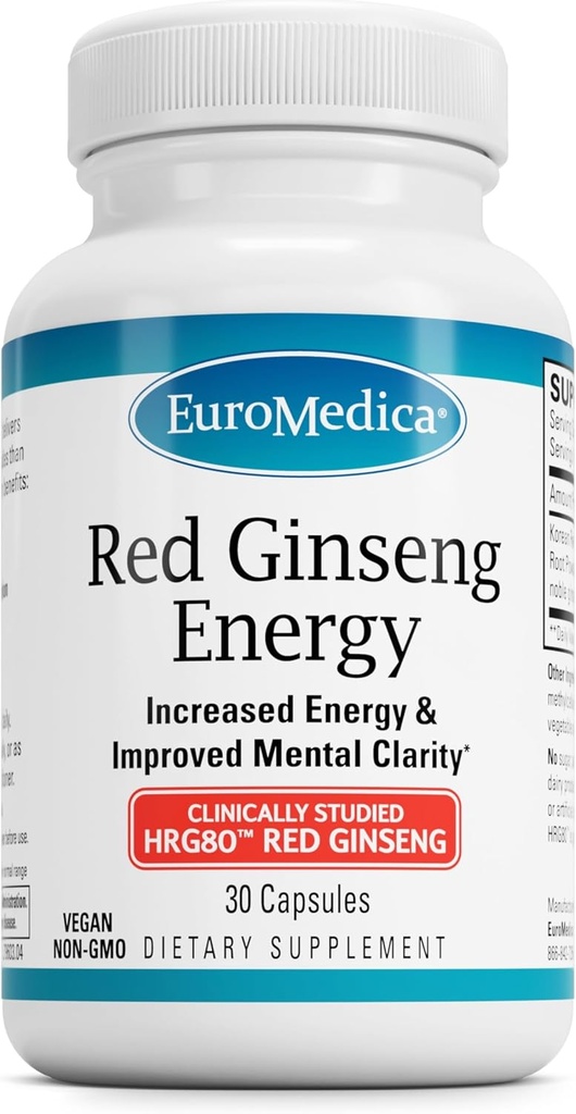 EuroMedica Red Ginseng Energy - Ergänzung zur Unterstützung gesunder Energie und Fokus - Kräuterergänzung mit koreanischen roten Ginseng Wurzelpulver - Vegan Tabletten zur Unterstützung gesunder Ausdauer - 30 Kapseln