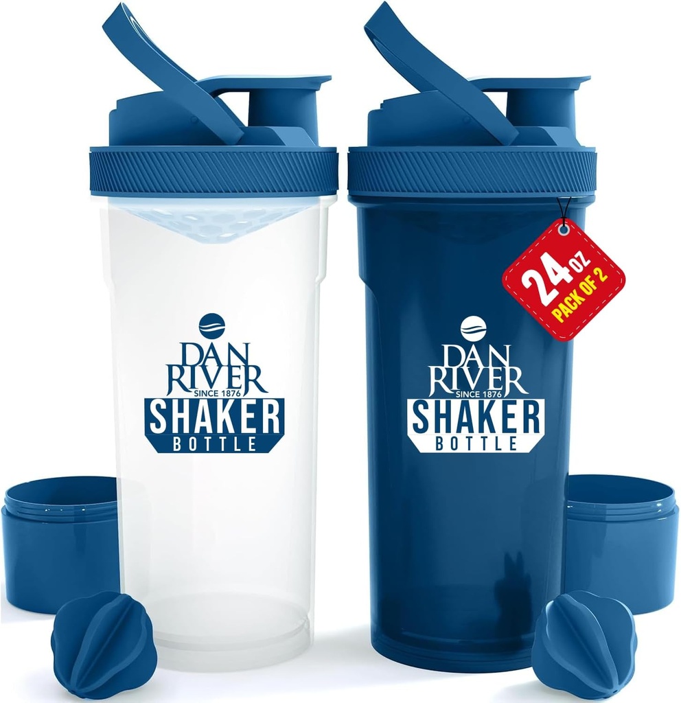DAN RIVER 2-Pack Shaker Bottle | 24oz Plastic Protein Shaker & Mixer | Twist & Lock Design für Smoothies & Protein Mixes | Durable, Leak-Proof, Easy to Clean | Clear & Blue Shaker Bottles for Gym