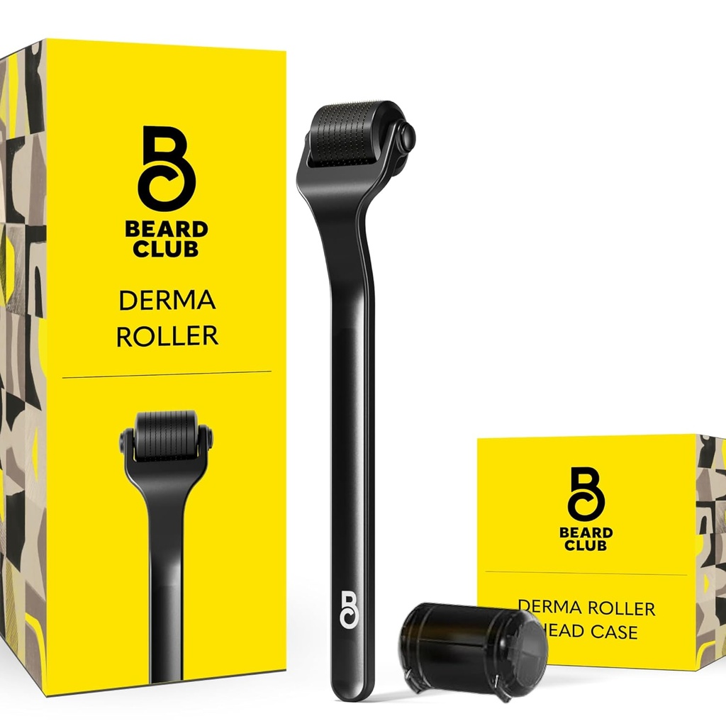 The Beard Club Premium Derma Roller für Gesicht, Körper und Kopfhaut - Microneedling Roller für Männer und Frauen mit 540 Titan Microneedles - für Haar & Bart - Gewichted Metal Griff - Magnetic Storage Case