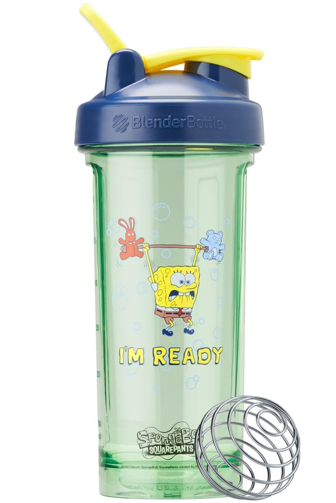 BlenderBottle Spongebob Shaker Bouteille Pro Série parfaite pour les shakes protéiques et préentraînement, 28-Ounce, Bleu, Im Ready!