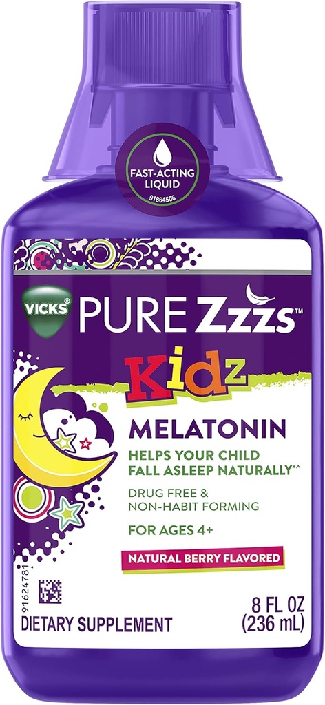 VICKS PURE Zzzs Kidz, liquid Melatonine aide à dormir pour les enfants et les enfants, aide votre enfant à dormir naturellement, faible dose Melatonine, Berry aromatisé, 8oz