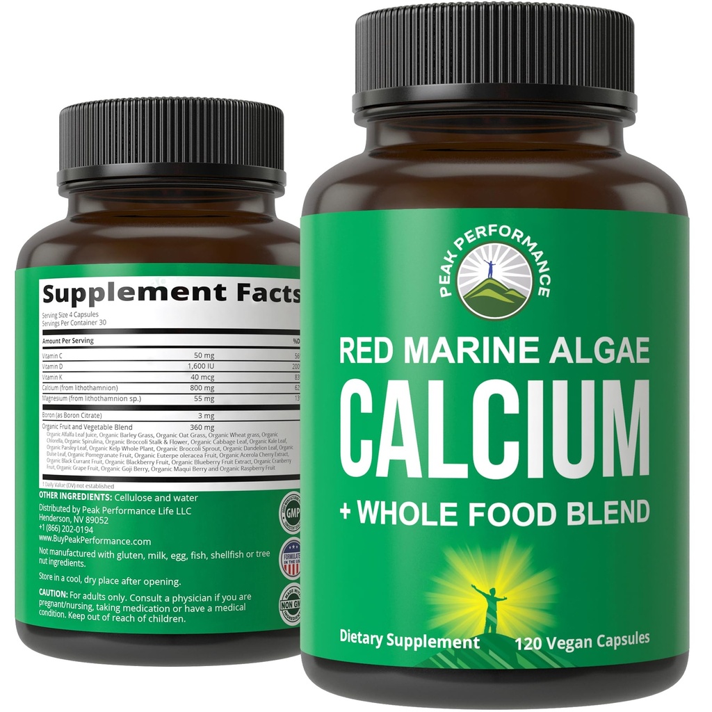 Pflanzenbasiertes Kalzium - Rote Meeresalgen Kalziumergänzung mit Vitamin C, D3, K, Magnesium und vollständiger Lebensmittel-Pflanzenmischung. 120 Tabletten, Tabletten