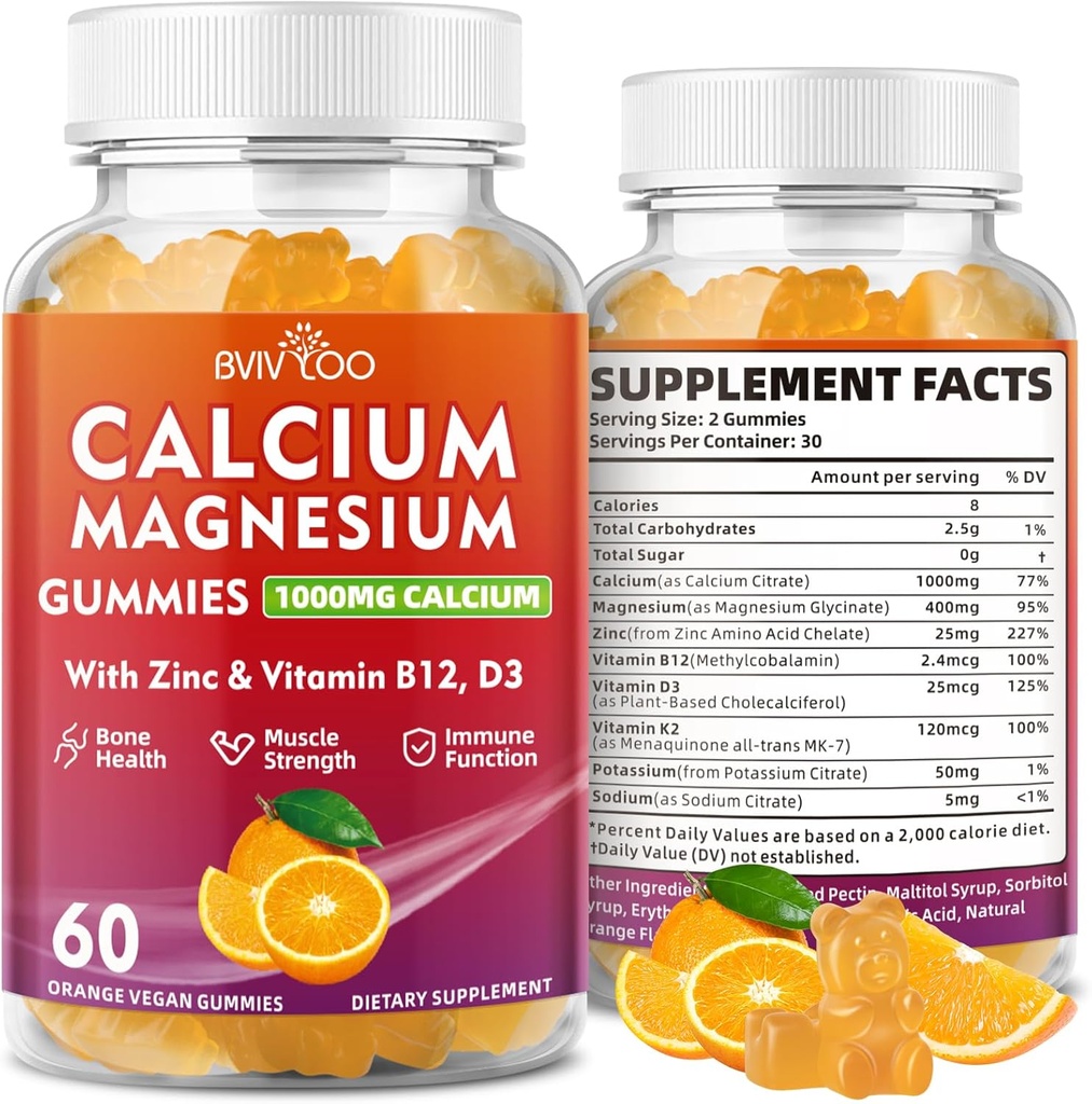 Calciumgummis 1000mg mit Vitamin D3 K2 & B-Komplex, Kalium, Calcium Magnesium Zinkgummis für Knochen, Muskel, Stimmung und Immunität - Orange Flavor 60 Gummies