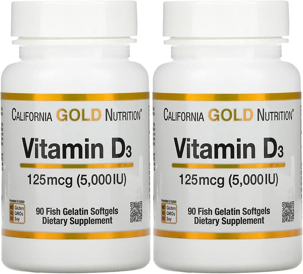 Vitamin D3 Supplement von California Gold Nutrition - Unterstützung für gesunde Knochen und Zähne - Immunsystem-Unterstützung - Glutenfrei, Non-GMO - 125 mcg (5.000 IU) - 2 Pack von 90 Fish Gelatin Softgels