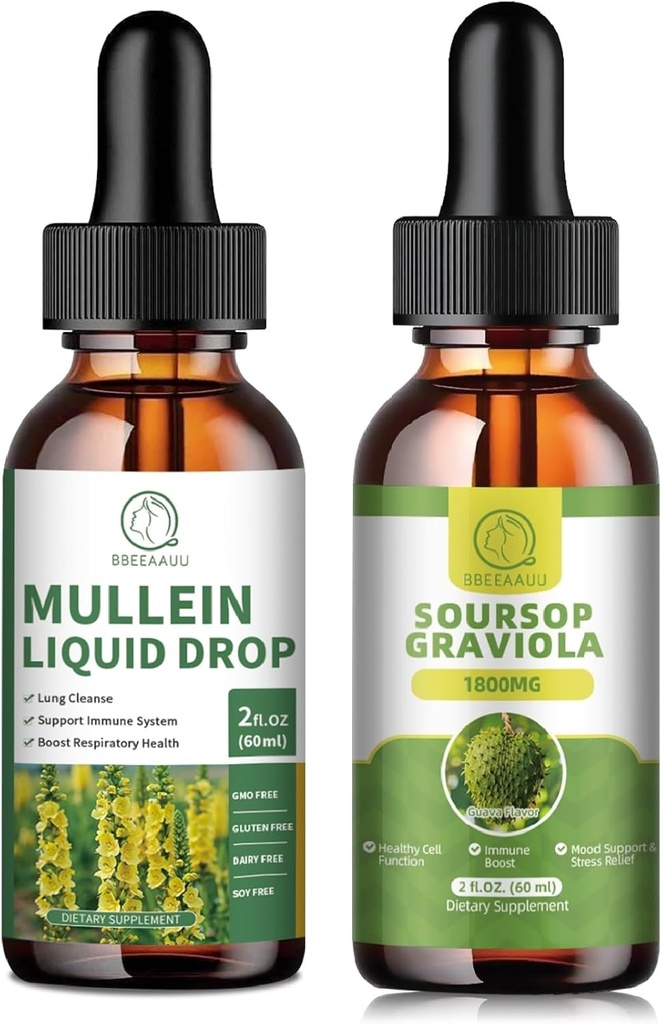Mullein Tropfen für Lungen, Mullein Blatt Extrakt 1000MG für Lung Cleanse & Soursop Graviola Flüssigkeitstropfen 1800mg, Soursop Blätter Extrakt für Zellregeneration