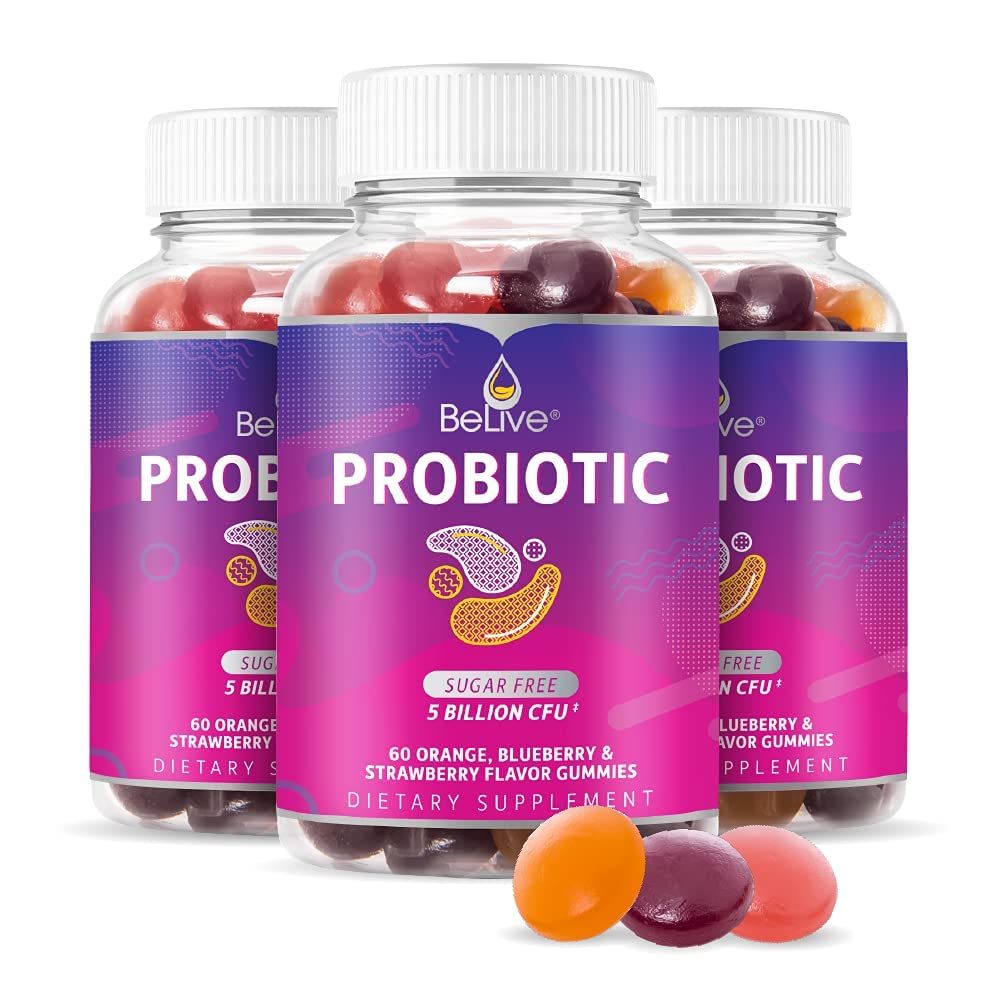 BeLive Probiotic Gummies - Probiotika mit 5 Billion CFUs für Verdauungs-Gesundheit, Männer, Frauen und Kinder Probiotische Ergänzungen für Immununterstützung, Sugar Free & Vegan – Blueberry, Strawberry & Orange | 3-Pack