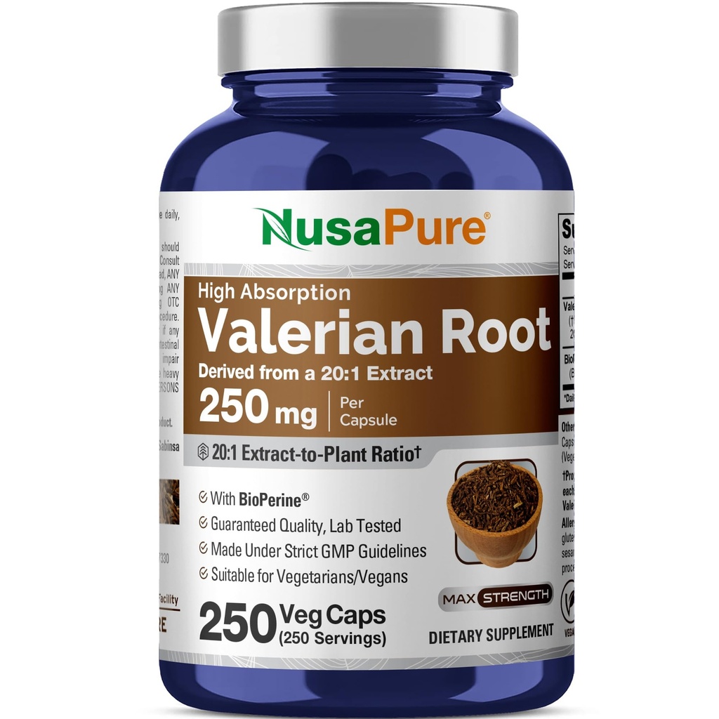 NusaPure Valerian Root 20:1 Extrait, 250 mg équivalent à 5000mg Par Veggie Caps, 250 Compte, Vegan, Non-OGM, Bioperine