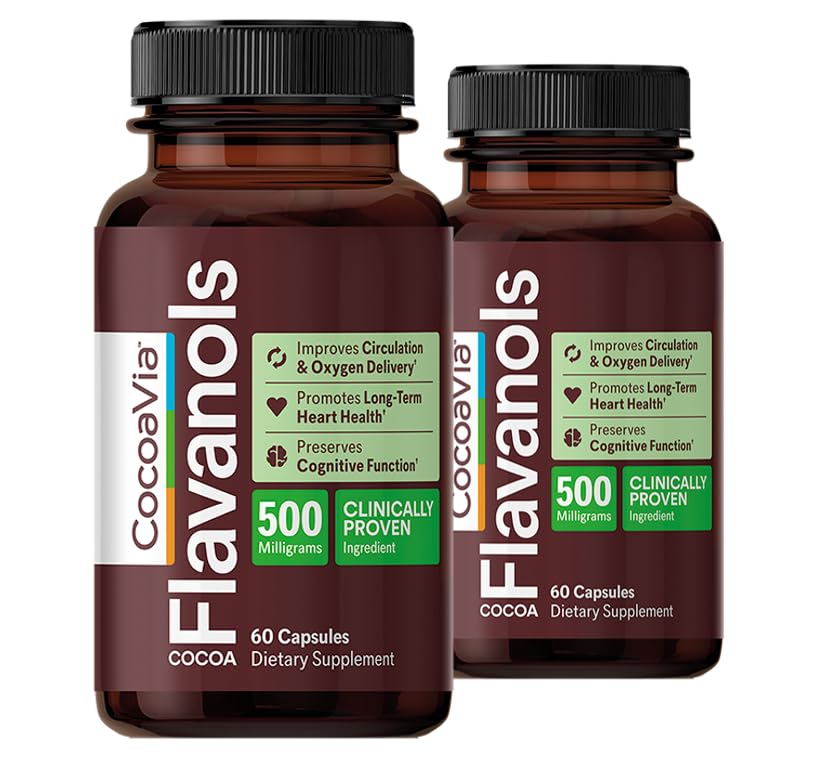 CocoaVia Cardio Health Supplement, 60 Tage, 500mg Cocoa Flavanols, Unterstützung Herzgesundheit, Boost Nitric Oxid, Blutzirkulation, Energie, Vegan, Dunkle Schokolade, 120 Kapseln