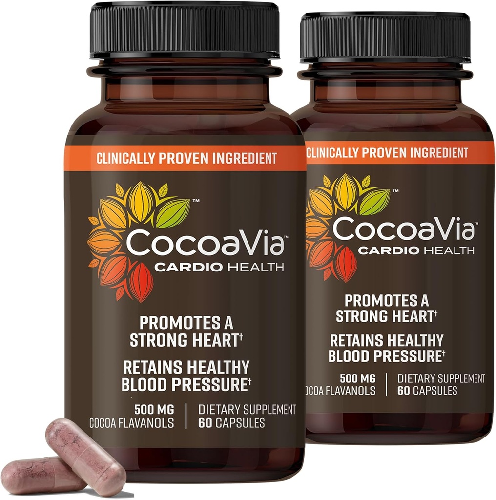 Supplément santé CocoaVia Cardio, 60 Jours, 500mg Cocoa Flavanols, Soutien Santé cardiaque, Boost Oxyde nitrique, Circulation sanguine, Énergie, Vegan, Chocolat foncé, 120 Capsules