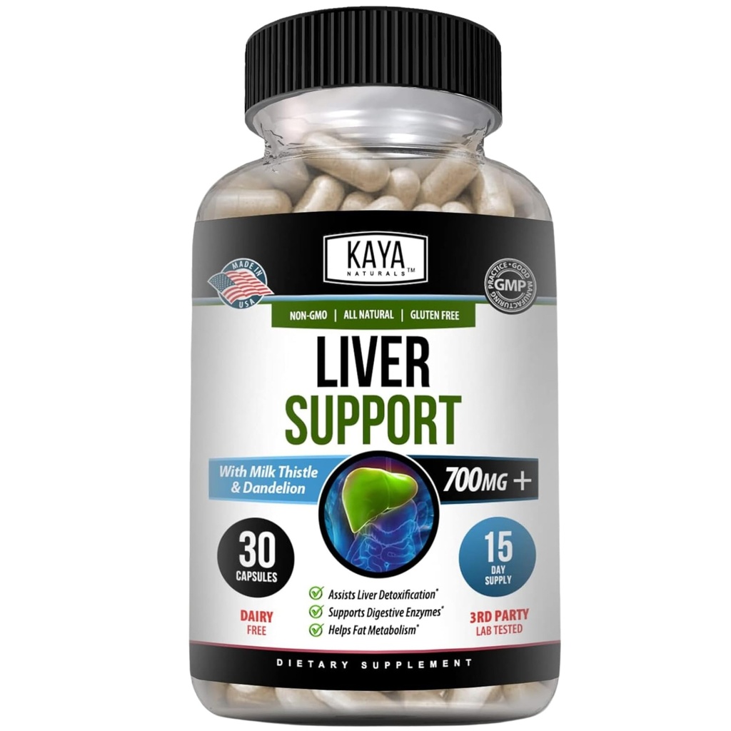 Kaya Naturals Nettoyez le foie Détox & Réparation - Supplément de chardon de lait - Détox du foie pour les femmes et les hommes - Extrait d'artichaut et Capsules de racine de dandelion - 30 Compte