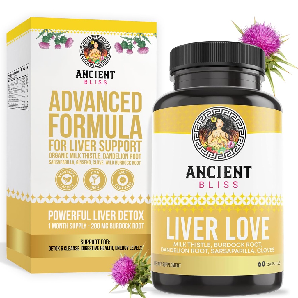 L'amour du foie de l'ancienne Bliss - Lait naturel Thistle foie Detox et foie Supplément de nettoyage de santé - Soutenir le foie sain chez les hommes et les femmes - 60 capsules - avec Burdock, Dandelion, Cloves, et plus