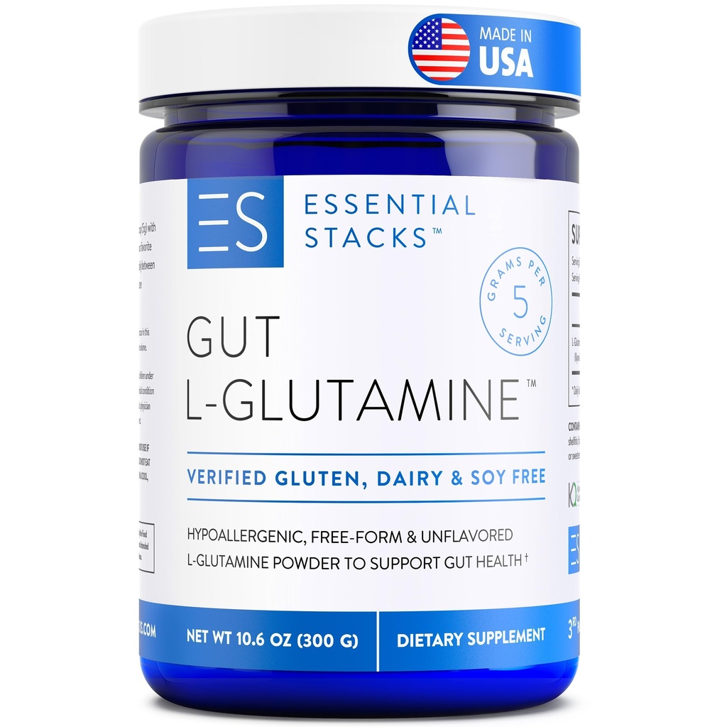 Essential Stacks Gut L-Glutamin Pulver - Exklusiv Made in USA - Reines L Glutaminpulver für Gutgesundheit (60 Portionen, ungeflammt)