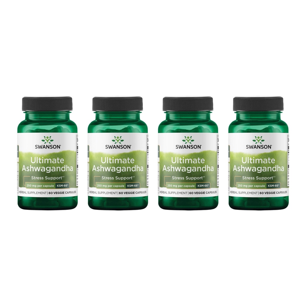 Swanson Ultimate Ashwagandha KSM-66 - Kräuter-Ergänzung Unterstützung gesunder Stress-Level & Entspannung - Natürliche Formel, um ein ruhiges und entspanntes Mindset zu fördern - (60 Veggie Capsules, 250mg Jeder) (4 Pack)