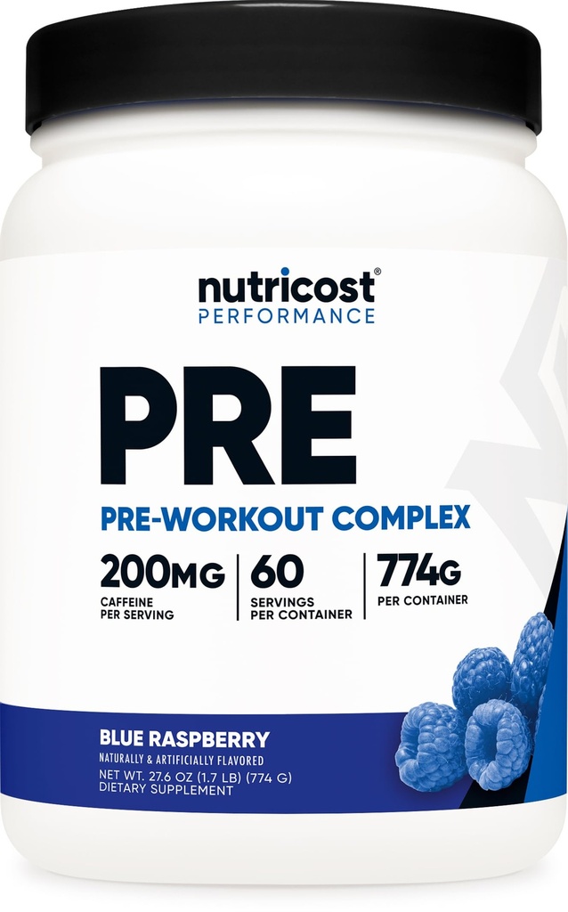 Nutricost Pre-Workout complexe en poudre (60 portions, framboise bleue) - Supplément pré-entraînement avec les acides bêta-alanine, taurine et amino