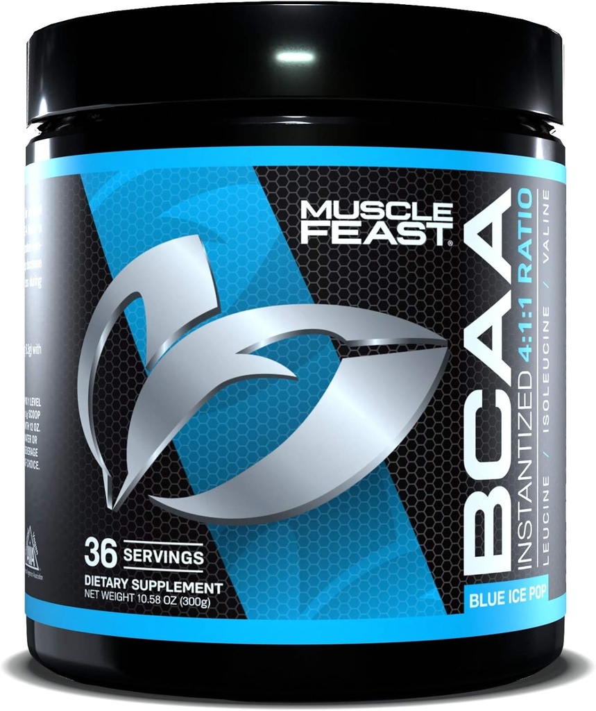 Muscle Feast Vegan BCAA Pulver 4:1:1 Ratio Keto Friendly Sugar Free Post Workout Recovery, Blue Ice Pop, 300g