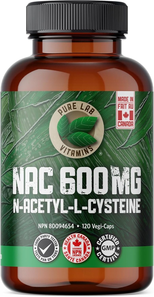 Vitamines pures de laboratoire NAC (N-acétyl-Cysteine) 600 mg - 120 capsules Fabriqué au Canada