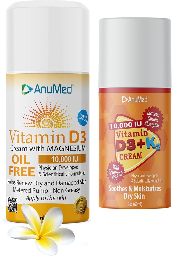 ANUMED Bundle Natural Cream mit Vitamin (D3 10.000 IU ölfrei) + (D3 mit K2 10.000 IU Travel Size 2oz) Leistungsstarke Inhaltsstoffe mit Hyaluronsäure, Magnesium, Vitamin E, Zink, Vitamin B3.