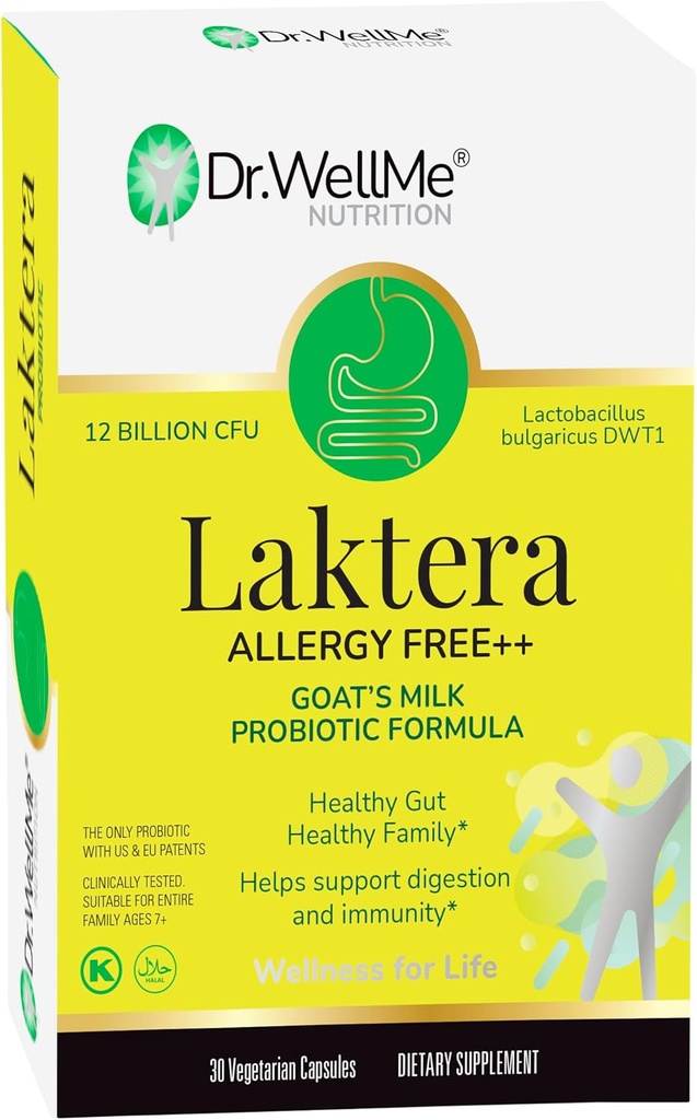 Dr. WellMe Laktera Allergy-Free Probiotics – 30 Kapseln, 12B CFU Ziegen Milch Probiotische Formel, Immun- & Gut-Gesundheit Nahrungsergänzungsmittel – Low Lactose, Gluten-Free für Erwachsene & 7+ Kinder