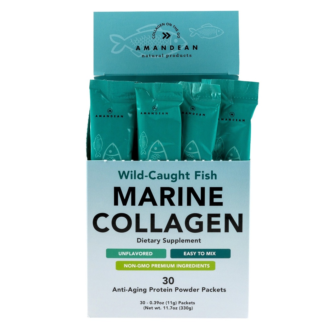 AMANDEAN Marine Collagen Peptides Powder Stick Packs Wild gefangener Fisch. 30 Einzelgebrauch Einzelpakete. Haare, Haut und Nägel. Nicht-GVO, keine Kohlenhydrate, nicht aromatisiert, hohe Bioverfügbarkeit.