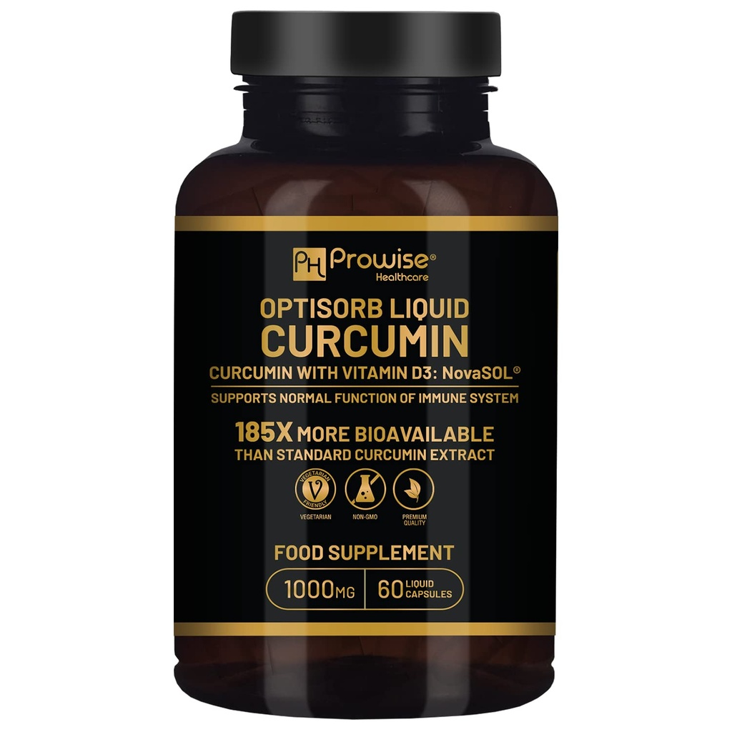 Optisorb Liquid Curcumin mit Vitamin D - 60 Liqcaps | 185x Turmeric & Curcumin Bioverfügbarkeit - Ultra Bioverfügbare | Flüssigkeitskapseln mit 1000mg NovaSOL Daily Dosage - UK Hergestellt