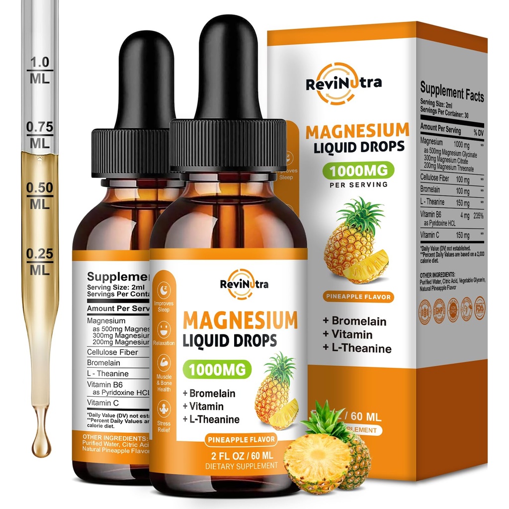 2 Pack Magnesium Glycinate Flüssigkeitstropfen, 1000 mg flüssiges Magnesium-Komplex Tropfen für Schlaf, Nerve, Energie, Muskel, Knochen, Kalorien & Verdauung, hohe Absorption, 2 Fl Oz, Ananas Flavor