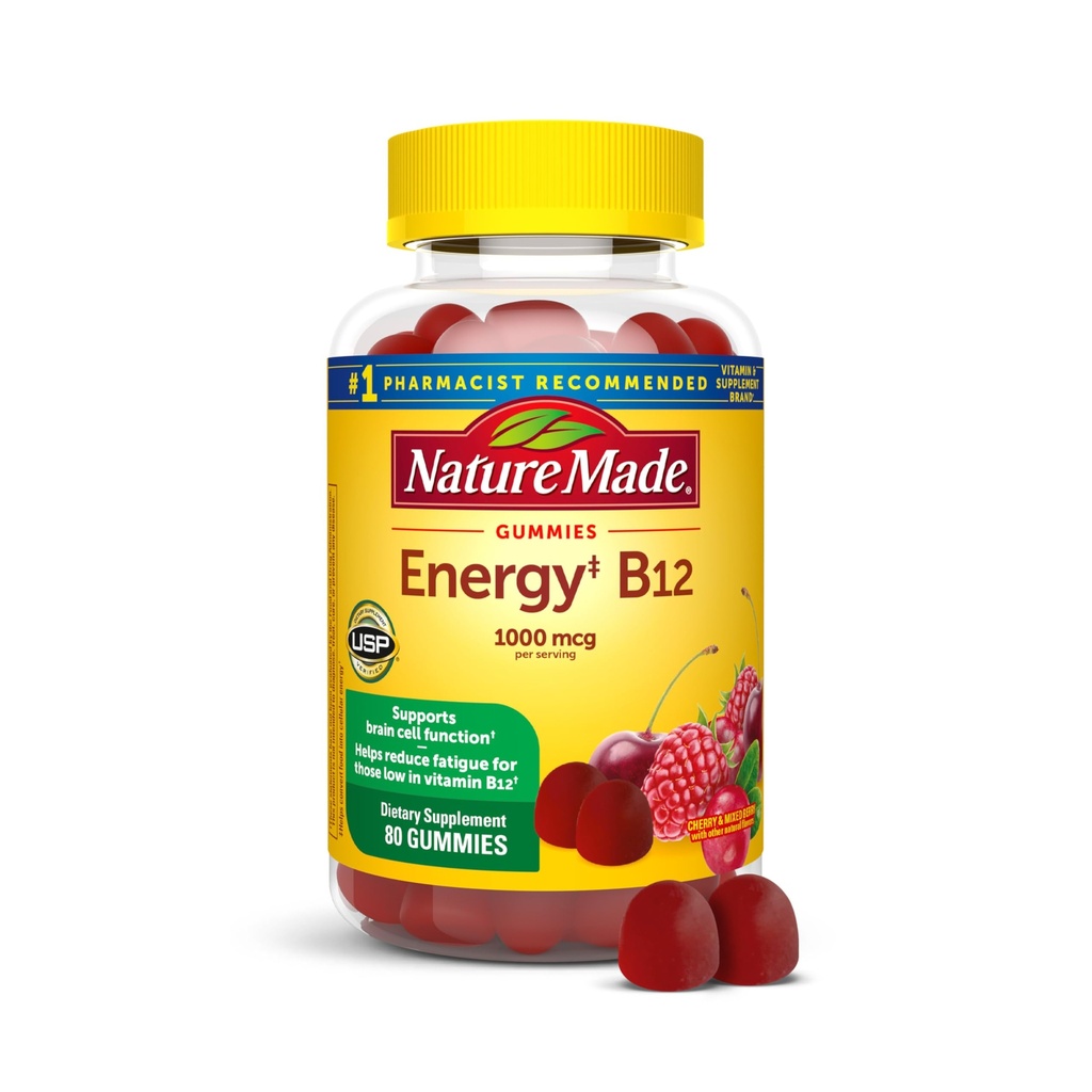 Nature Made Energy B12 1000 mcg, Nahrungsergänzungsmittel für Energie-Mebolismus-Unterstützung, 80 Gummi, 40 Tage Versorgung Verpackung kann variieren