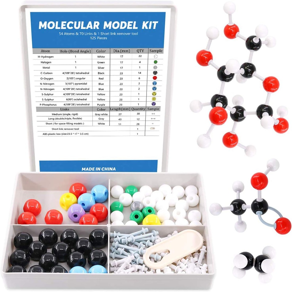 Swpeet 125 Pcs Molecular Model Kit für anorganischen und organischen molekularen Modell Lehrer und 16 Jahre und über Student Kit - 54 Atome & 70 Links & 1 Short Link Remover Tool - Science Toys