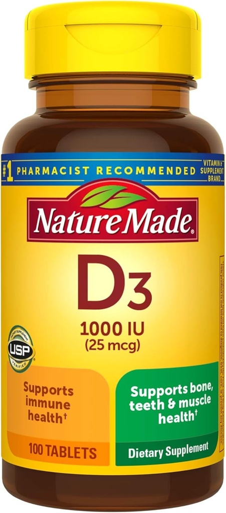Nature Made Vitamin D3, 100 Tabletten, Vitamin D 1000 IU (25 mcg) unterstützt Immungesundheit, starke Knochen und Zähne, & Muskelfunktion, 125% des Tageswertes für Vitamin D in einem täglichen Tablet