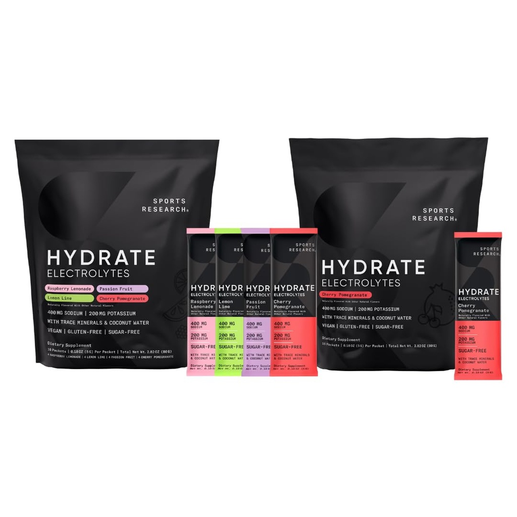 Sportforschung Hydrate Elektrolyte Combo Pack - Sugar-Free & Naturally Flavored with Vitamins, Minerals, and Coconut Water - Unterstützt Hydration - 32 Packungen - Cherry Pomegranate Dominant Flavor