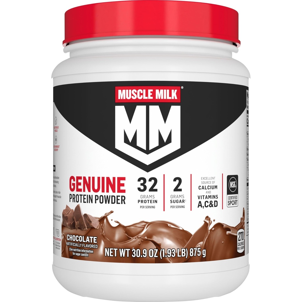 Muscle Milk Genuine Protein Powder, Chocolate, 1.93 Pfund, 13 Portionen, 32g Protein, 2g Zucker, Calcium, Vitamine A, C & D, NSF zertifiziert für Sport, Energizing Snack, Packaging May Vary