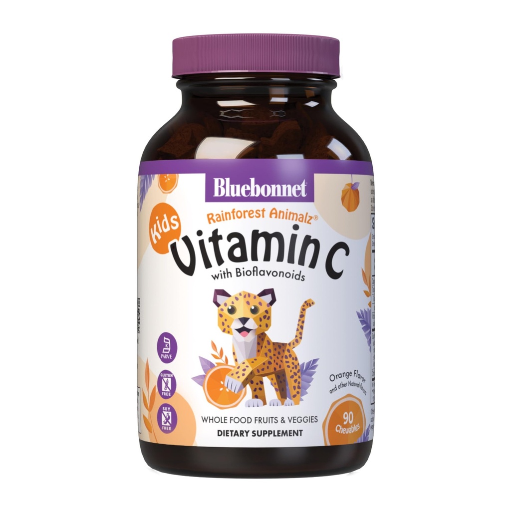 Bluebonnet Nutrition Rainforest Animalz Vitamin C Tierform Kautabletten, 250mg Vitamin C, Sojafrei, Glutenfrei, Kosher Zertifiziert, Dairy-frei, Vegan, 90 Tabletten, 45 Servierungen, Orange Flavor