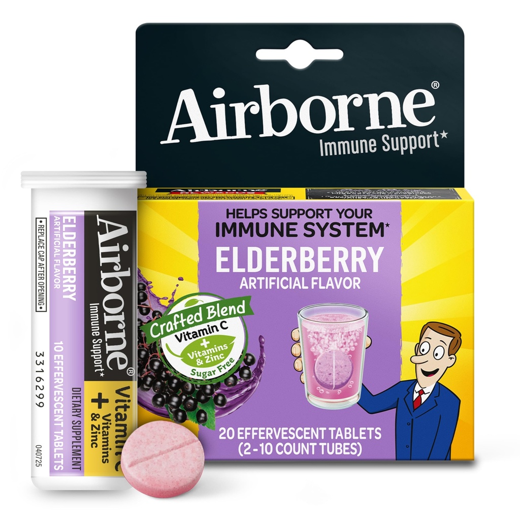 Airborne Elderberry Extract + Vitamin C 1000mg (pro Servieren) - Effervescent Tabletten (20 Graf in a Box), Glutenfreie Immununterstützungsergänzung, mit Vitaminen A C E, Zink, Selen, Zucker Kostenlos