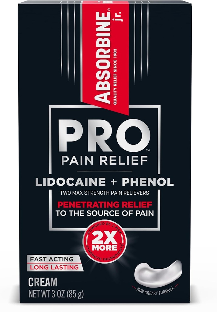 ABSORBINE JR. Absorbin Jr. PRO Max Strength Lidocaine Cream, maximale Schmerzlinderung mit Phenol zur Fast-Actierung von Nerve-Pain, Muskel-Ass und Joint Discomfort, Non-Greasy Formel, 3oz. Rohr, 1